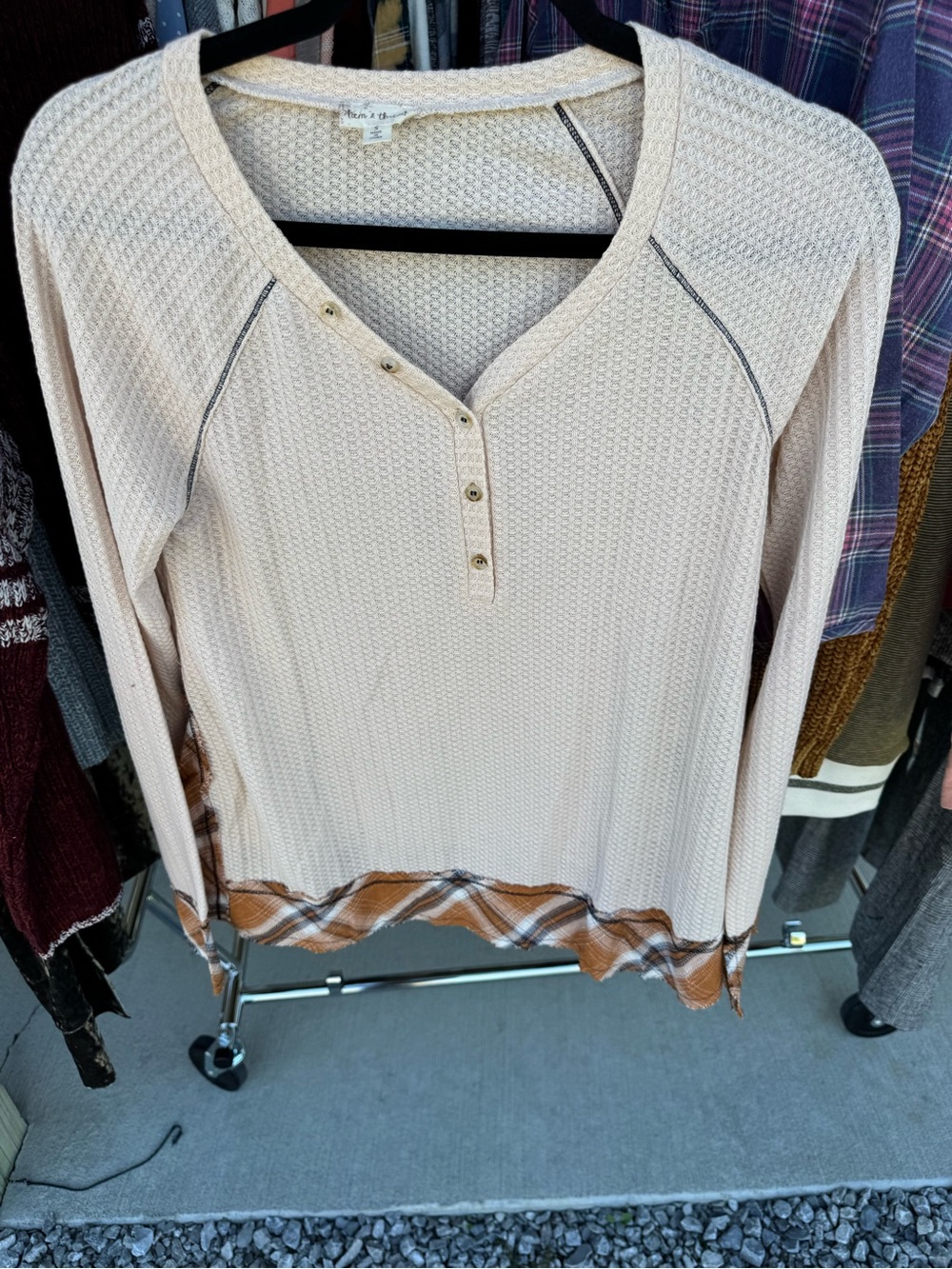 Hem & Thread Cream Waffle Knit Henley Top with Brown Plaid Hem